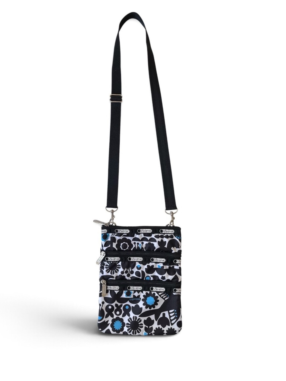 LeSportsac Kasey 3-Zip Crossbody Bag - in Black/White/Blue Bluebird Print